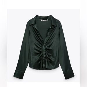 Zara Pleated Satin Effect Shirt Green